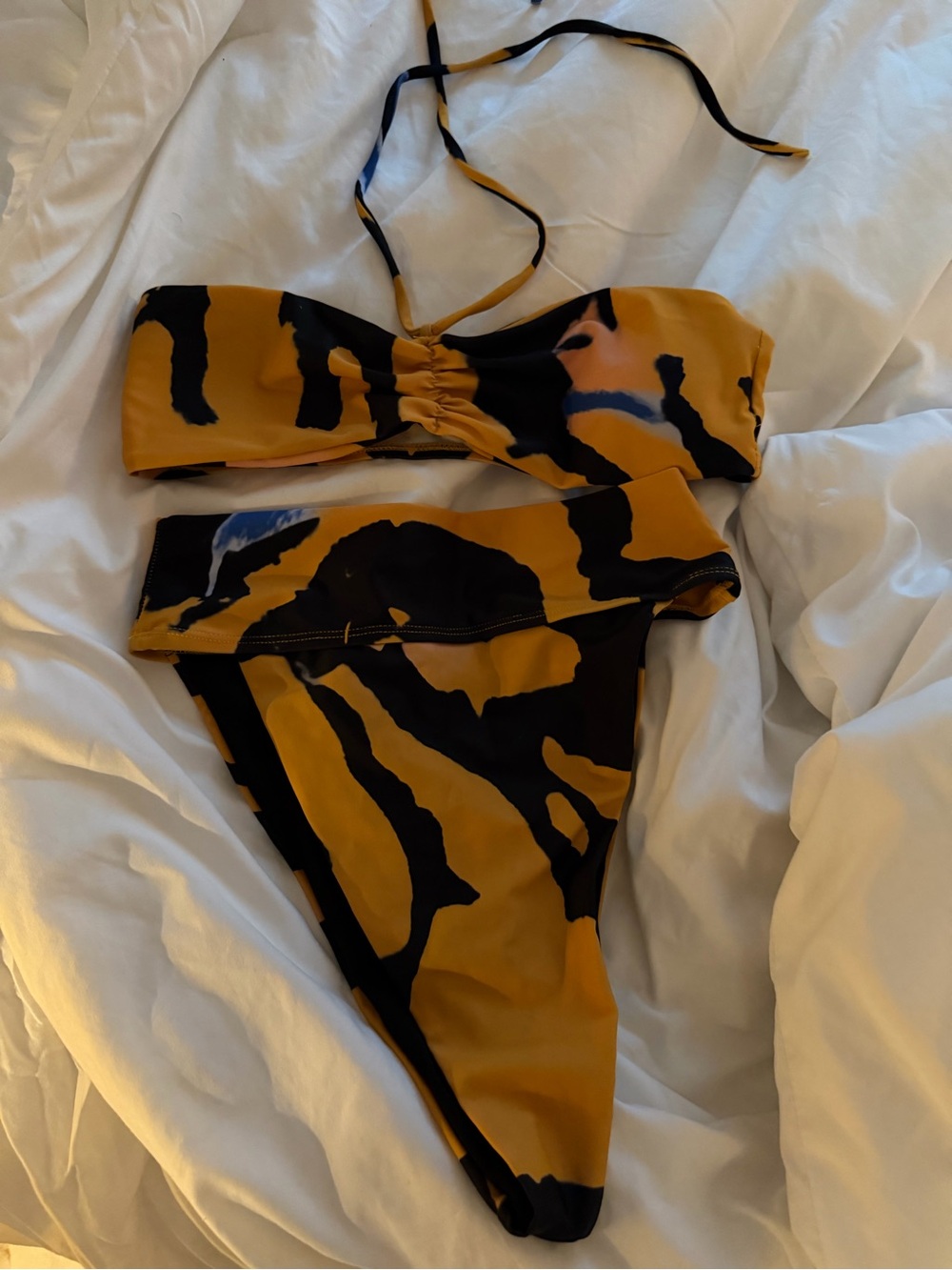 Mustard and Black Abstract Print Bandeau Bikini Set